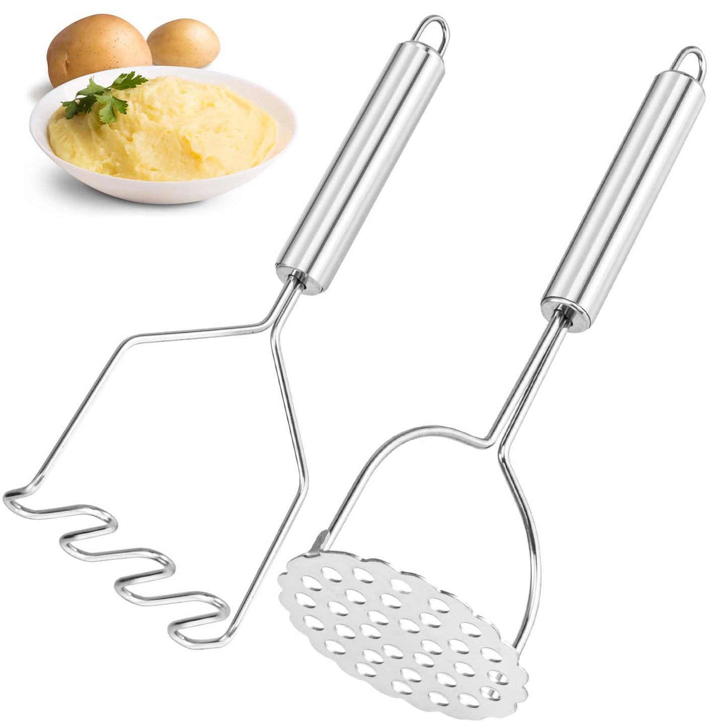 VOOVAO 2 Pcs Potato Smasher, Mashed Potato Masher, Stainless Steel Masher Kitchen Tool for Avocado, Bean, Fruit, Vegetables, Food