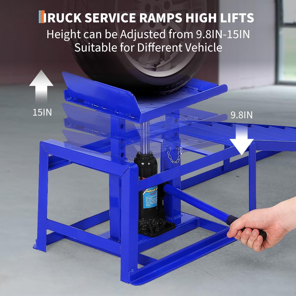 Hydraulic Car Ramps 2 Pack, 11000 Lbs Heavy Duty Steel Car Ramps with Hydraulic Jack, Adjustable Lift Height 9.8"-15", Auto Ramp for Oil Changes, Home Garage, Vehicle Truck Repair, Blue