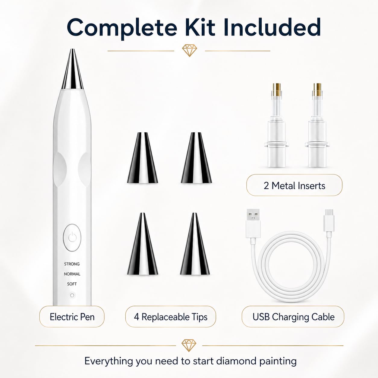 TUCEVSX Electric Diamond Painting Pen Kit, Cordless USB-C Rechargeable Diamond Art Tool with Vacuum Pickup, No Wax, 3 Suction Levels, Interchangeable Tips, Low Noise for DIY Craft Lovers.(White)