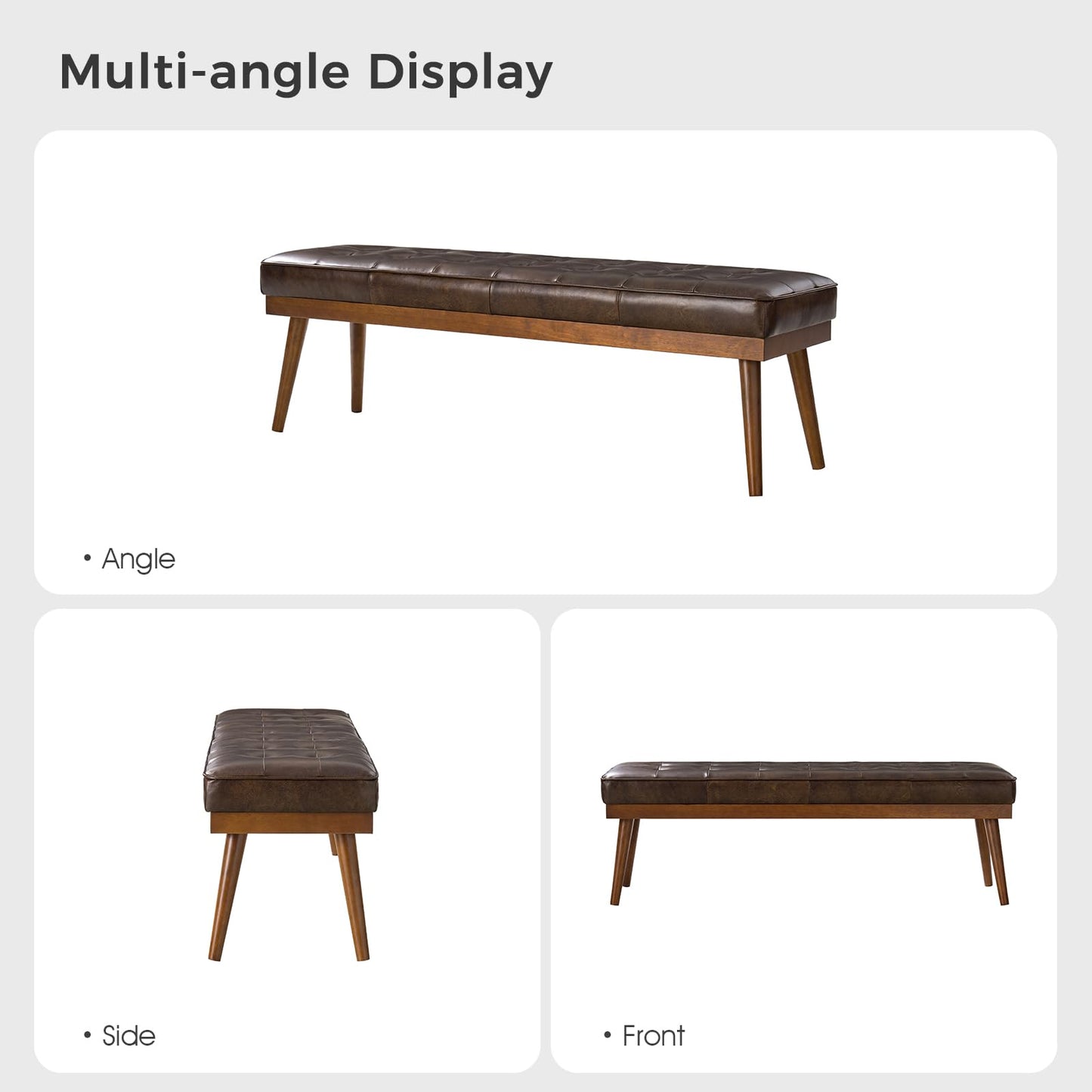HULALA HOME 55.5" Genuine Leather Bench, Button-Tufted Entryway Bench with Solid Wood Legs, Upholstered End of Bed Bench for Bedroom, Chocolate
