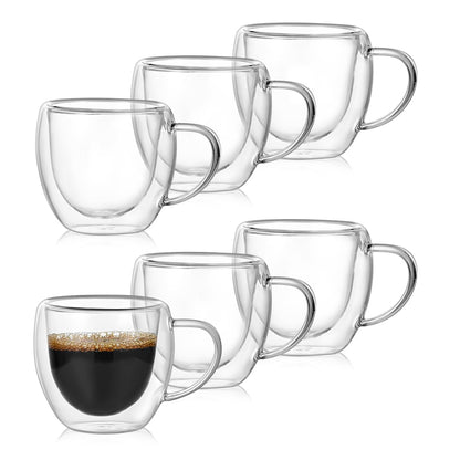 xianingass Double Walled Espresso Cups set of 6, 2.7oz Clear Glass Coffee Mugs, Double-layer Insulated Coffee Cups, Suitable for Espresso, Americano, Tea Bags, Beverage