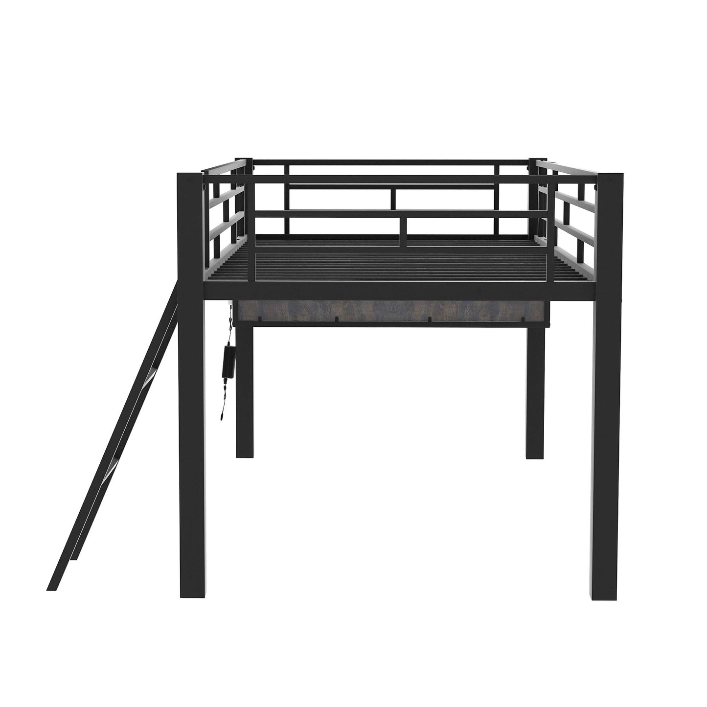 Merax Mid Loft Bed Twin Size with Desk, Metal Gaming Loft Bed with LED Light, for Teens & Adults, Black
