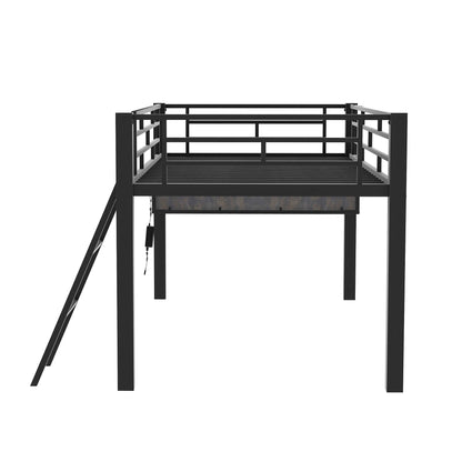Merax Mid Loft Bed Twin Size with Desk, Metal Gaming Loft Bed with LED Light, for Teens & Adults, Black