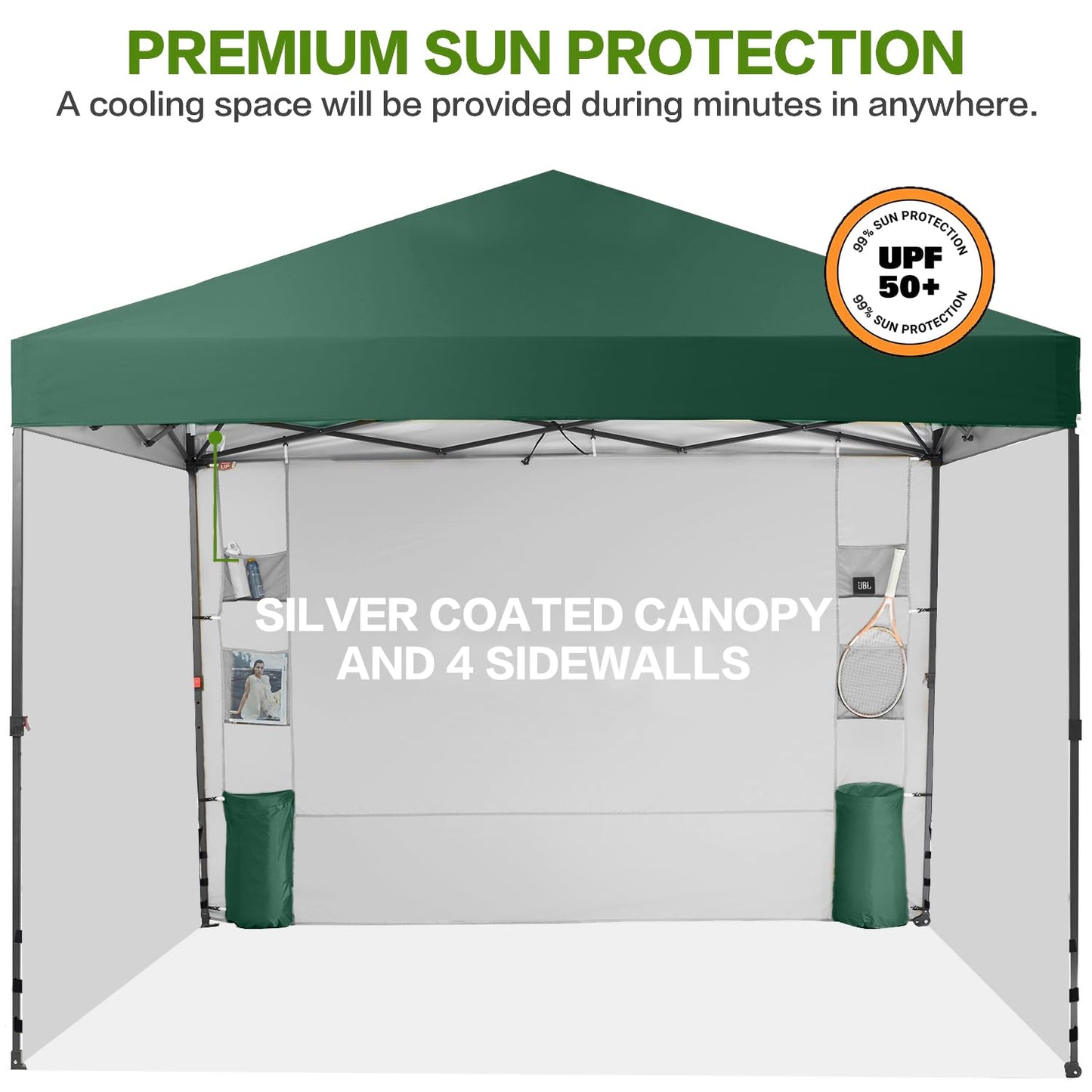 Tunbne 10X10 Comercial Pop Up Canopy Tent with 4 Sidewalls and 6 Pockets, One Push Setup Center Lock, for Beach Patio Outdoor, Case, 8 Stakes, 4 Ropes, 4 Sandbags (Forest Green)