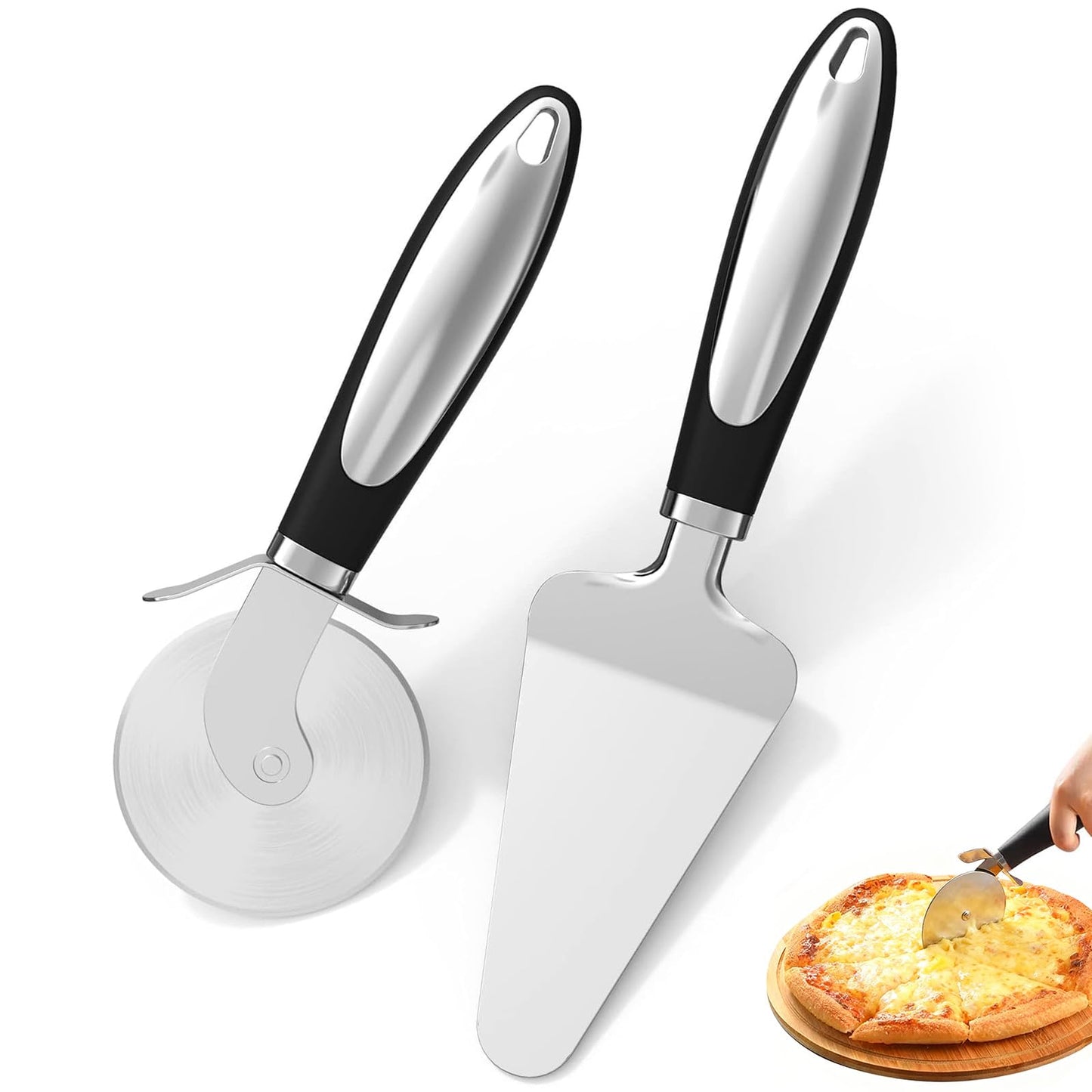 Stainless Steel Pizza Cutter Wheel and Cheese Server Set, 2-Piece Multipurpose Pizza Slicer with Sharp Blade and Ergonomic Handle, Durable, Dishwasher Safe, Easy to Cut and Serve