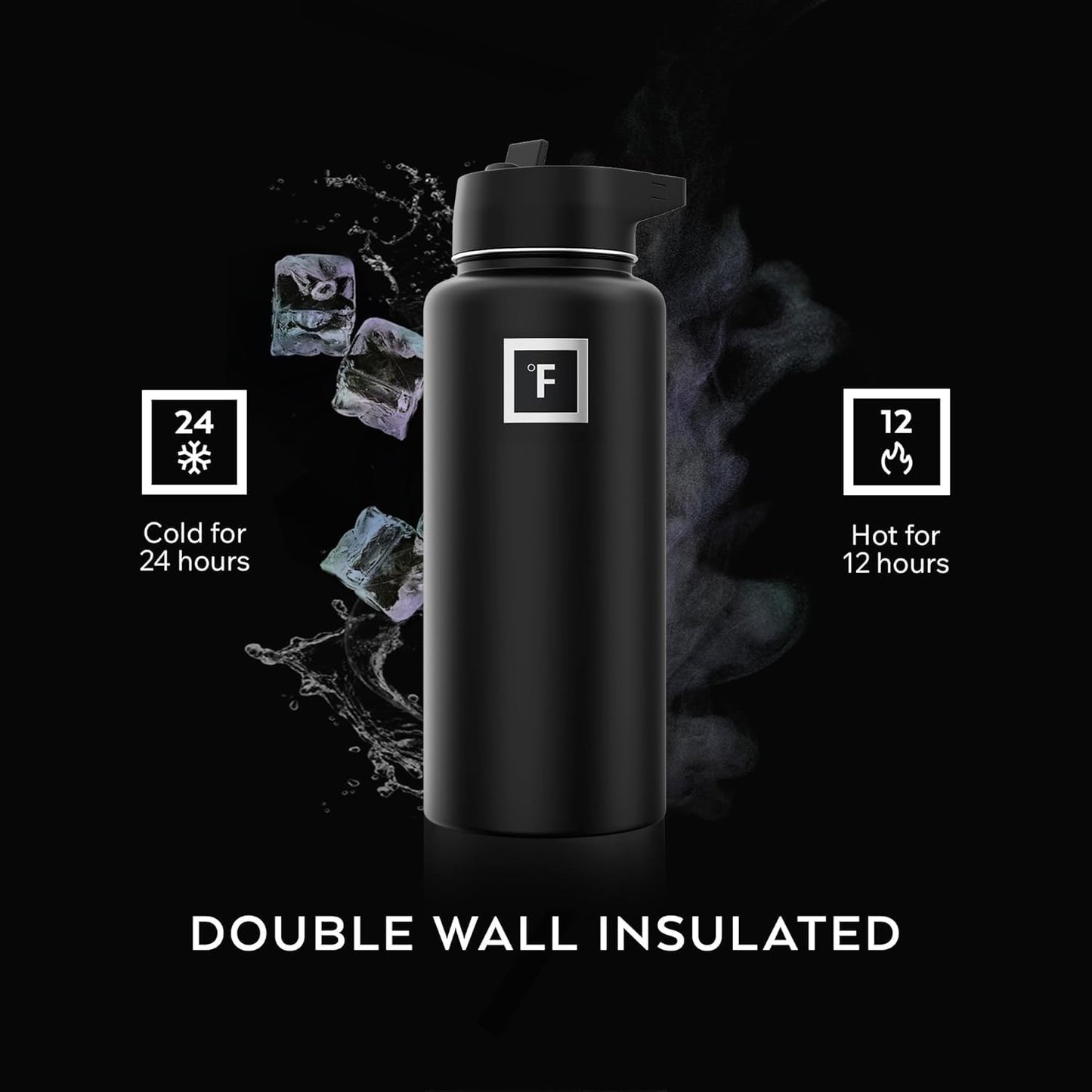 IRON °FLASK Camping & Hiking Hydration Flask with Straw, Wide Mouth Insulated Stainless Steel Sports Water Bottle - 32 oz Midnight Black