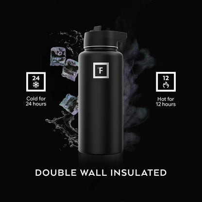 IRON °FLASK Camping & Hiking Hydration Flask with Straw, Wide Mouth Insulated Stainless Steel Sports Water Bottle - 32 oz Midnight Black