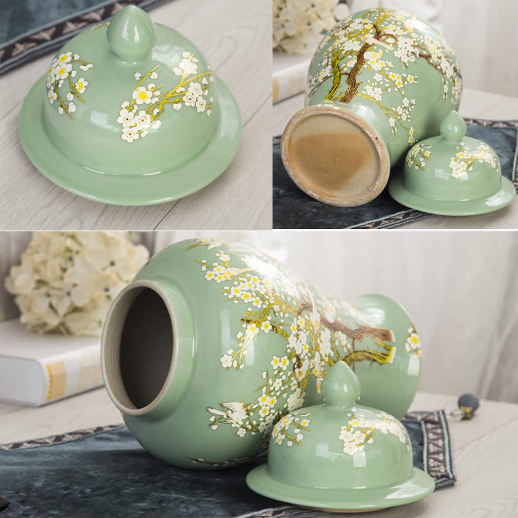 Green Ceramic Ginger Jar With Lid For Home Decor,Traditional Trees And Flowers Temple Jar, Jingdezhen Handcrafted Porcelain Vase Centerpiece Decor M (Green L) (Gr