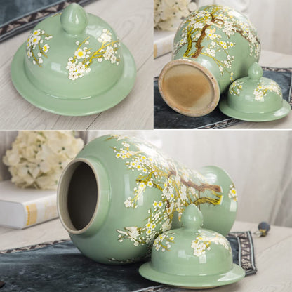 Green Ceramic Ginger Jar With Lid For Home Decor,Traditional Trees And Flowers Temple Jar, Jingdezhen Handcrafted Porcelain Vase Centerpiece Decor M (Green L) (Gr