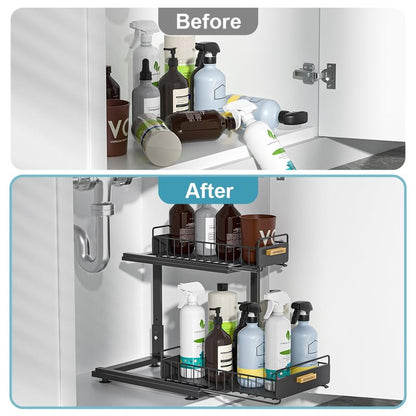 Under Sink Organizer Kitchen, 2 Tier Under Sink Organizers and Storage, Pull out Cabinet Organizer Shelf, Metal Drawer for Kitchen Bathroom Pantry Cabinet Closet Organization Rack, Black, 1 Pack