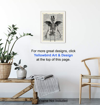Skeleton Decor - Bat Wall Decor - Steampunk Decoration - Gothic Home Print Wall Art - Goth Room Picture - Gothic Gifts - Medieval Art - Creepy Scary Poster 8x10 - Halloween Decorations - Skull Picture