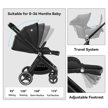 ELITTLE EMU Baby Stroller with Reversible Seat Full-Size Infant Stroller with Full Recline Cockpit Compact Foldable Toddler Carriage for Outdoor City - Black