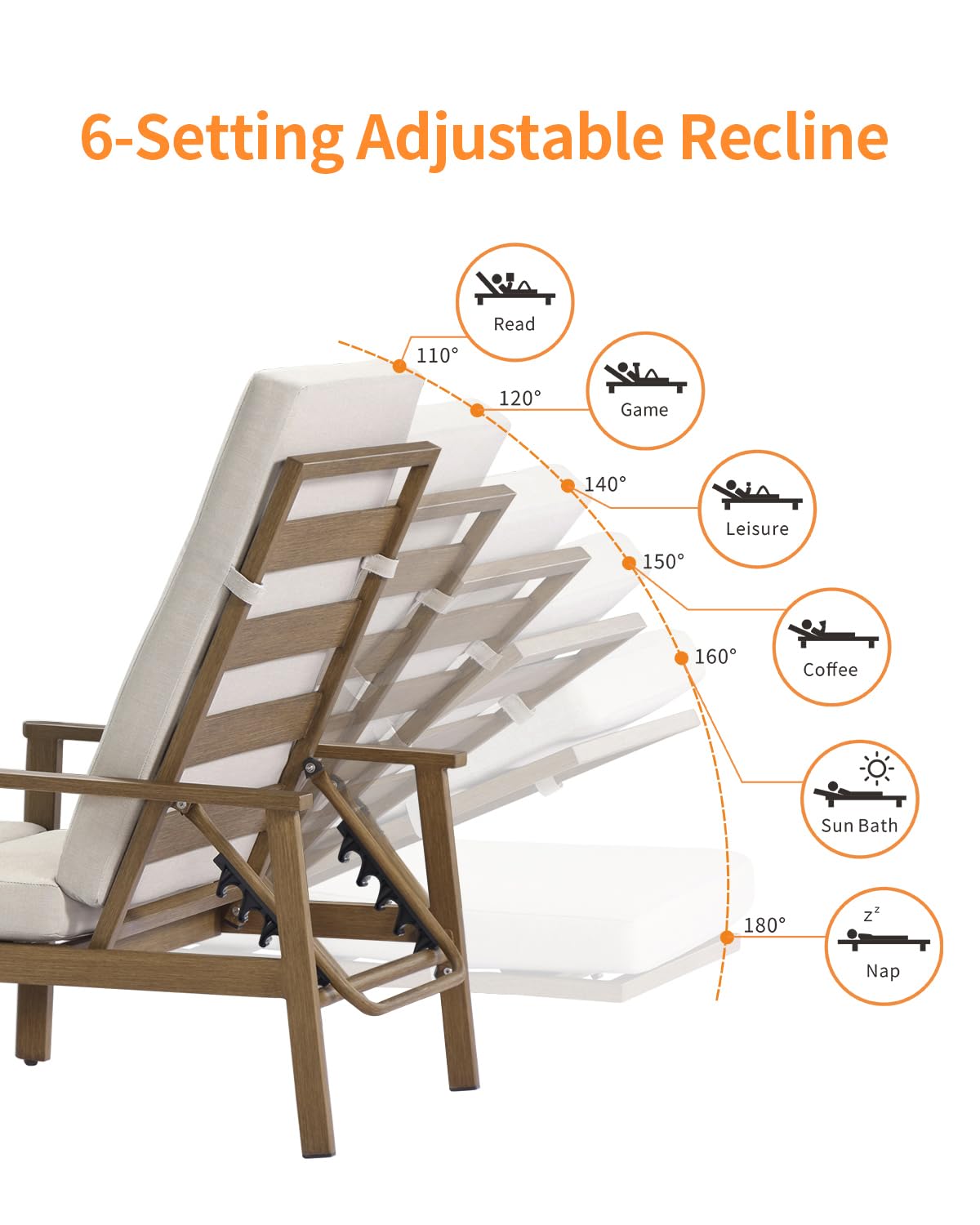 SEEHILL 2-Pack Teak Chaise Lounge Chairs, Never Rust Aluminum Outdoor Pool Lounge Chair Set with Gray Cushions, 6-Position Adjustable Patio Loungers, Outdoor Lounge Chairs for Poolside, Beach, Yard