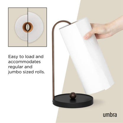 Umbra Bellwood Paper Towel Holder for Kitchen Countertop, with Real Wood Stand and Weighted Metal Base, Black/Walnut
