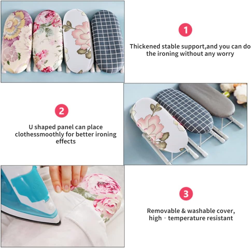 Small Ironing Board, Mini Foldable Tabletop Board for Shirt Cuffs, Collars, Sewing, Travel Use (Peony)