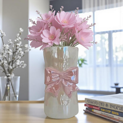 Bow Flower vase, Bow vase for Flowers, Pink Bow Ceramic Vase – Cute Vase with Shiny Glaze, Modern vase Decor (Pink Bow)
