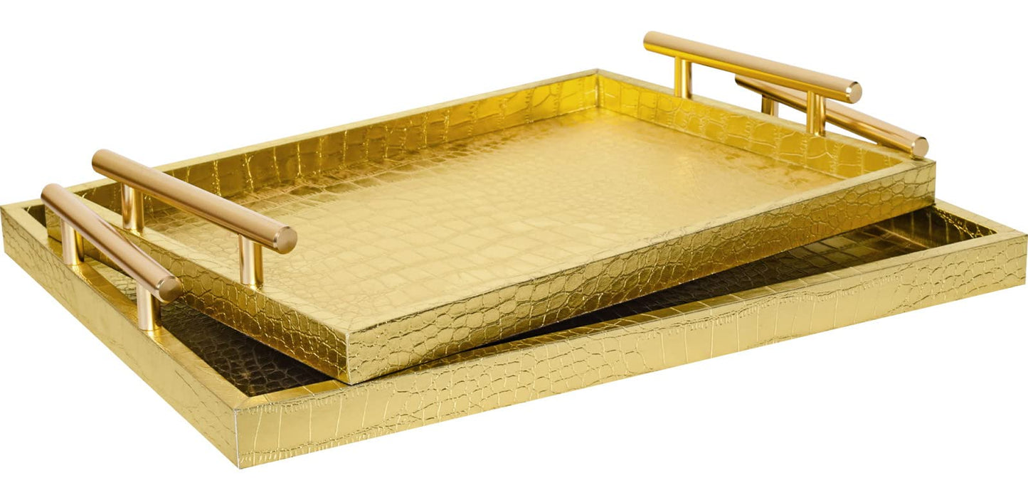JUMBO HUMBLE Modern Elegant Large Wood Serving Tray, Set of 2 Gold Crocodile Leather with Gold Polished Metal Handles, Home Decorative Rectangle Ottoman Decor Platter Living Room Bathroom Vanity Tray