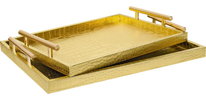JUMBO HUMBLE Modern Elegant Large Wood Serving Tray, Set of 2 Gold Crocodile Leather with Gold Polished Metal Handles, Home Decorative Rectangle Ottoman Decor Platter Living Room Bathroom Vanity Tray