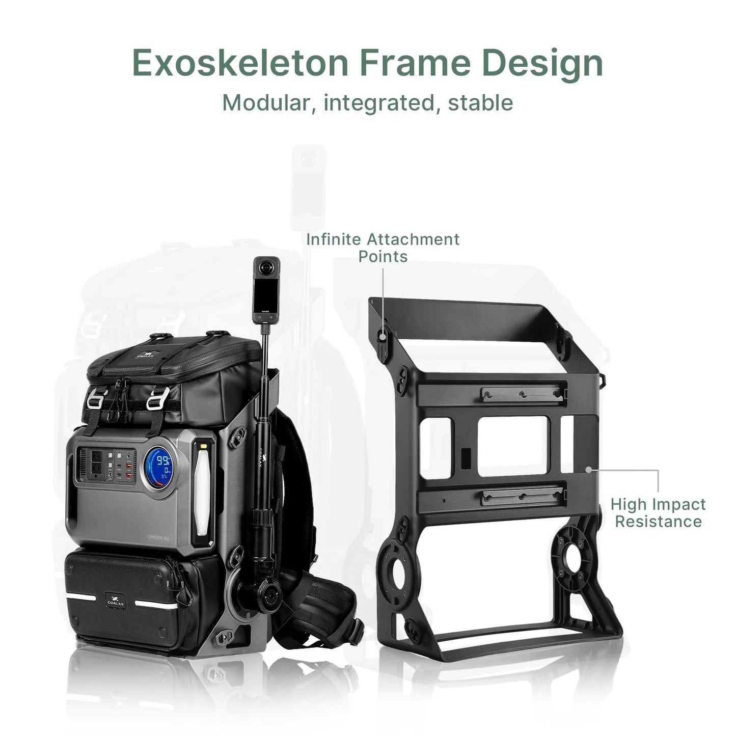 COALAX Lancer300 Pro Camera Backpack with 300W Power Station, Modular Creator Backpack with Magic Arm for Hands-Free POV Filming, Exoskeleton Camera Bag for Photography & Outdoor Production (Black)