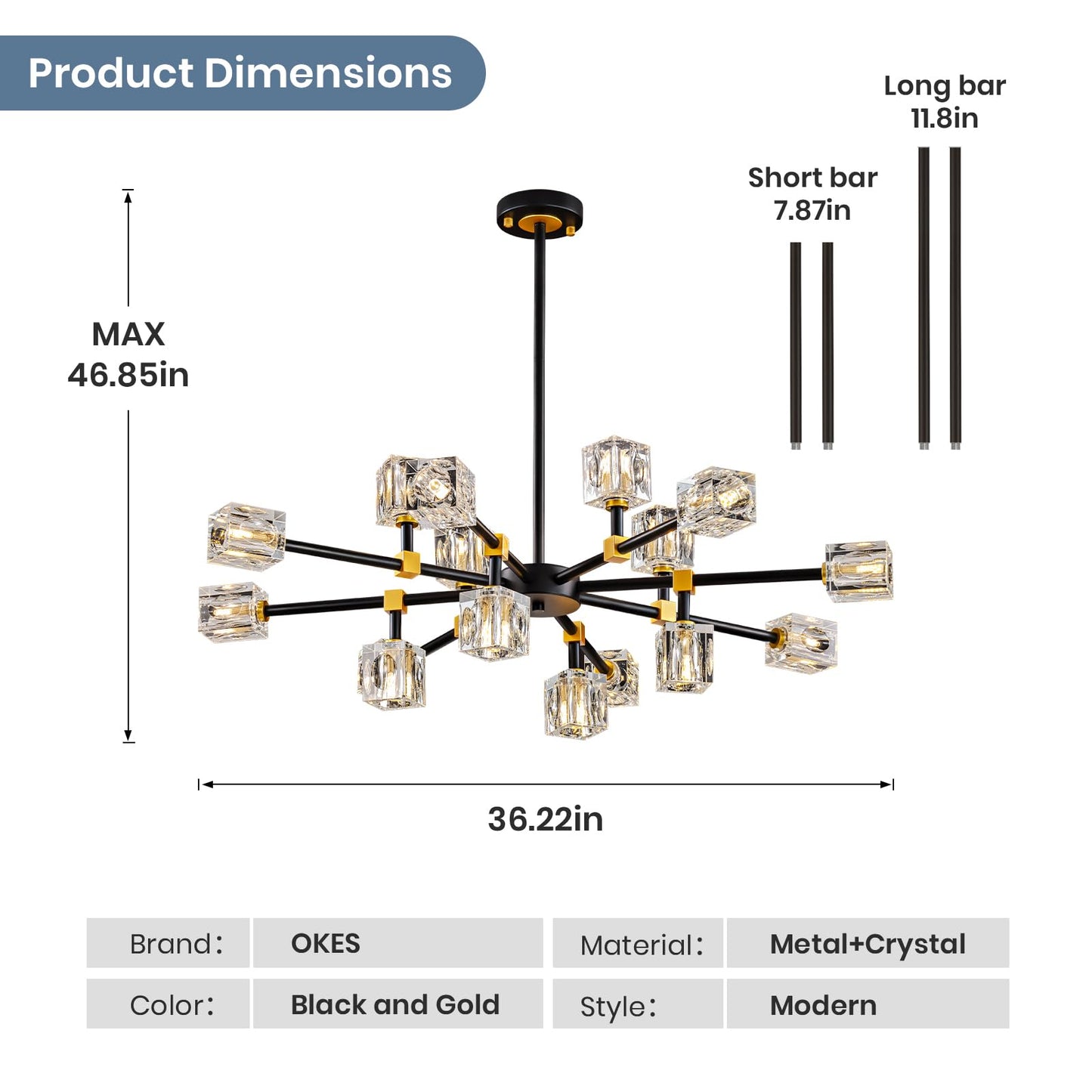 Sputnik Chandeliers with16-Light,Modern Black and Gold Crystal Chandelier, Mid Century Ceiling Light Fixture for Dining Room, Kitchen Island,Foyer,Living Room,Bedroom