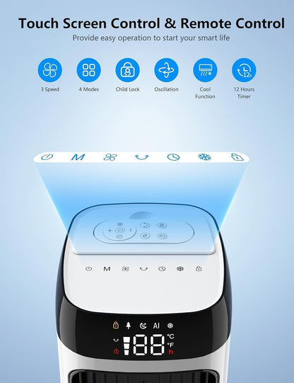 JRD 41" Evaporative Cooler with 3 Speeds, 5 Modes, Remote, 80° Oscillation Swamp Cooler with 12H Timer, Bladeless Tower Fan Cooling Fan for Bedroom Office Home