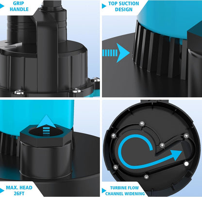 LEO Sump Pump Submersible Vertical Float Switch Automatic Utility Pumps for Clean/Dirty Water Pump Thermal Protector for Basement Pool Draining, Sky Blue