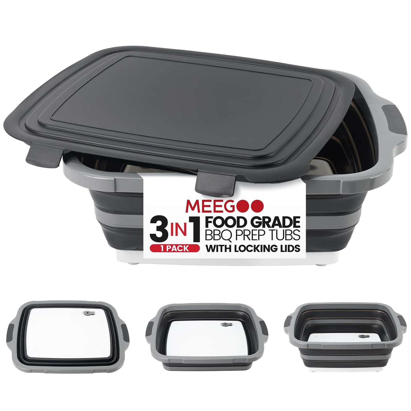 BBQ Prep Tub 3-IN-1 Large 16L Collapsible Cutting Board with Locking Lid for Meal Prep Marinating Food, Camping Sink with Colander, Dish Basin, Storage Blanket for Camping Picnic BBQ, Black