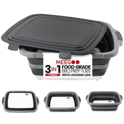BBQ Prep Tub 3-IN-1 Large 16L Collapsible Cutting Board with Locking Lid for Meal Prep Marinating Food, Camping Sink with Colander, Dish Basin, Storage Blanket for Camping Picnic BBQ, Black