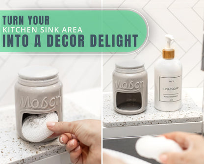 Comfify Ceramic Kitchen Sponge Holder, Farmhouse Style Sink Caddy, Mason Jar Decorative Accessory - Includes Free