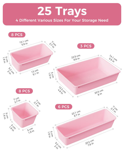 BiuLeon 25 PCS Plastic Drawer Organizers Set, 4-Sizes Vanity and Makeup Organizer, Desk and bathroom Drawer Organizer Trays, Organizers and Storage for Makeup, Jewelry, Gadgets, Utensils (Pink)