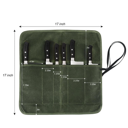 JOINDO Knife Roll Bag, Chef’s Knife Roll Bag, Heavy Duty Chef Knife Roll Bag with 6 Slots, Waxed Canvas Knife Bag Roll, Knife Pouch Holder for Home, Kitchen, Grill (green)