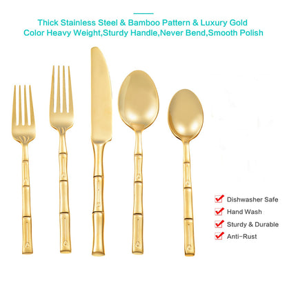 Flatasy Silverware Set Gold Flatware Set Stainless Steel Bamboo Handle Cutlery Set Mirror Polished 60 Pieces for Home Kitchen Restaurant Hotel Wedding Housewarming Gift Service for 12