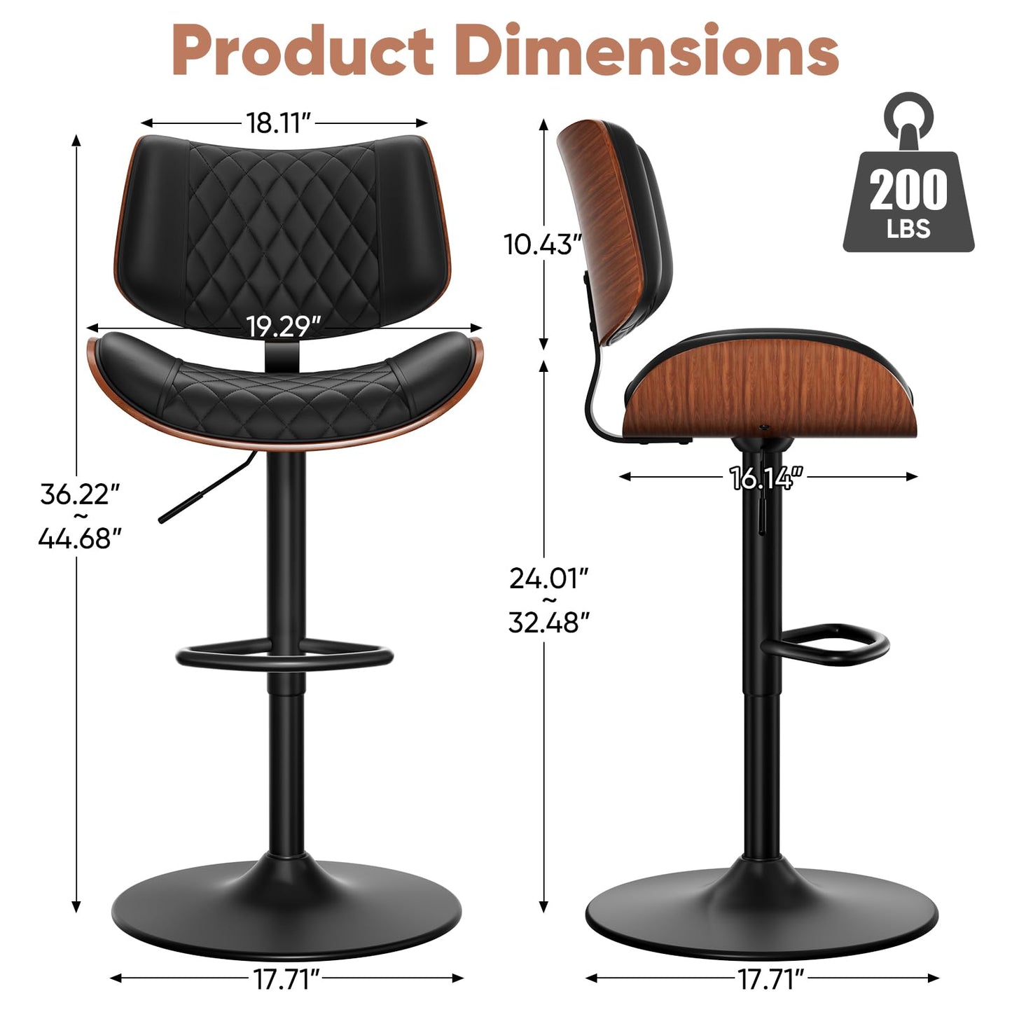 FervorFurn Swivel Bar Stools Set of 3, Adjustable Bar Stool for Kitchen Island, Mid-Century Modern PU Leather Counter Height Bar Stools with Back and Footrest, Easy Assembly, Black