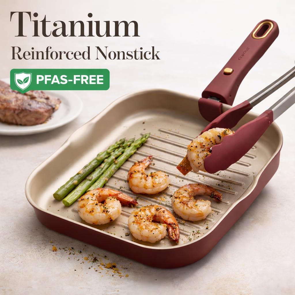 CAROTE 10 Inch Titanium Reinforced Nonstick Grill Pans for Steak, Non-Stick Grill Pans Sets with Detachable Handle, PFOS, PFOA Free, Gas & Induction Safe, All Stovetops Compatible, Burgundy