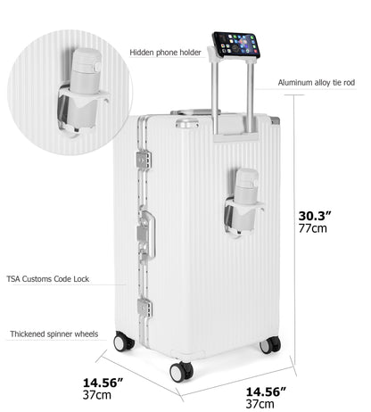 feilario 30in Super Large Captain Aluminum Frame Hardside Spinner Wheels Luggage, Removable Wheels Zipperless Checked Suitcase with Cup Holder/Phone Holder (Ivory White,30in)