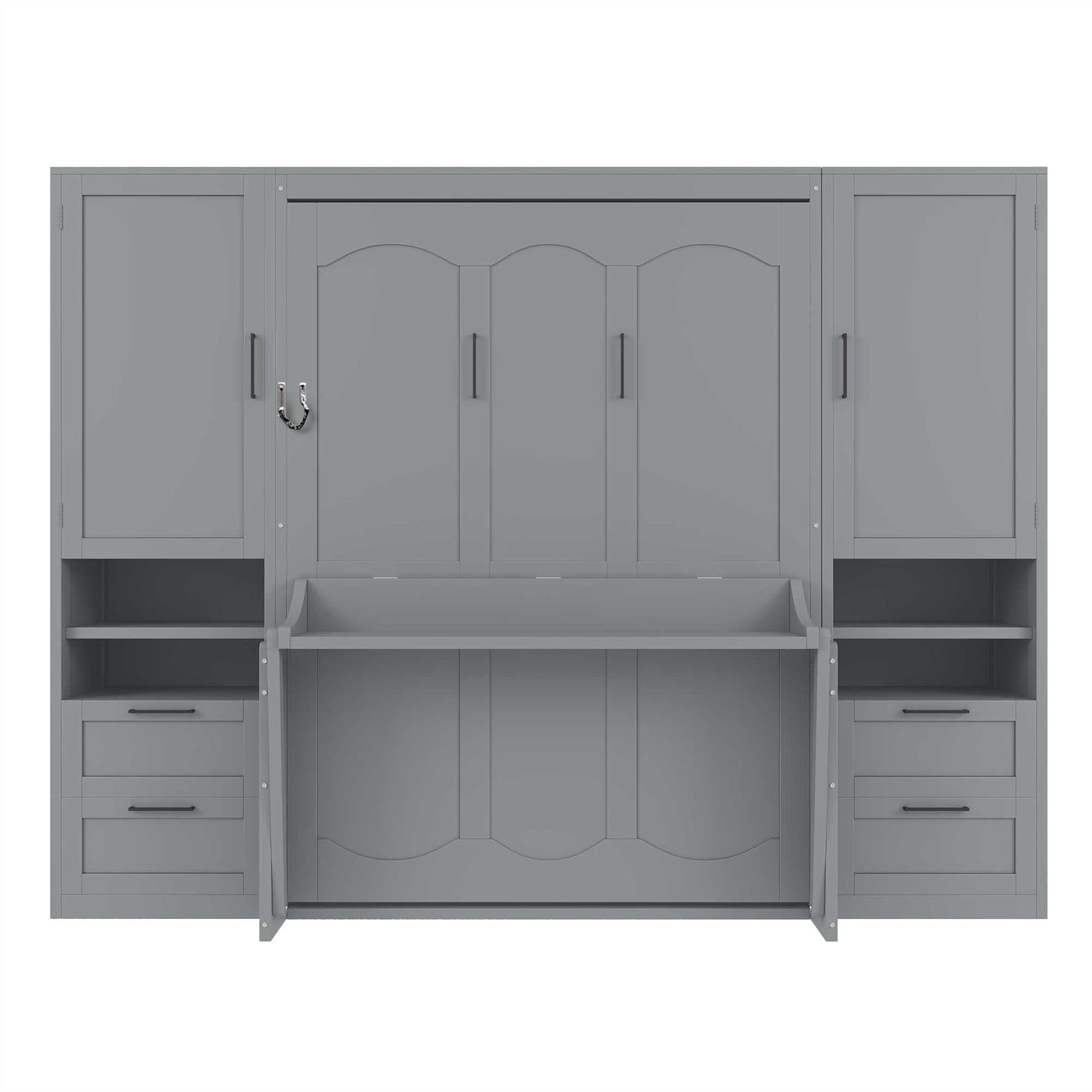 Merax Full Size Murphy Bed with Desk, Closet, Drawers and Shelves, Multifunctional Foldable Wood Platform Bed Frame for Small Spaces Studio Study Office Guest Room, Space-Saving Design, Gray