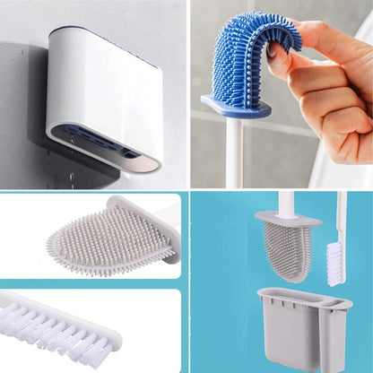 Toilet Brush and Holder, Double Brush Combination with Silicone Toilet Bowl Brush, Flat Flexible Bristles for Deep