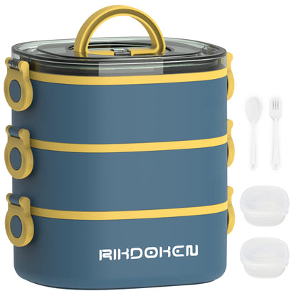 RIKDOKEN Lunch Box, Stackable 3 Layers Containers, Portable 94OZ Large Capacity Leakproof Bento Box with Spoon & Fork & Sauce Boxes, Microwave Safe Lunch Box for Kids and Adults