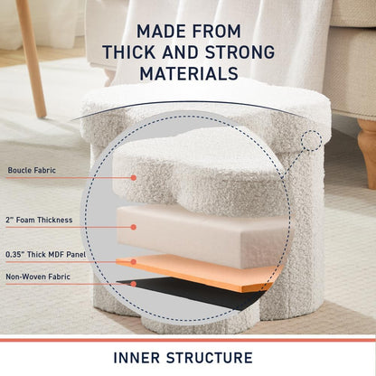 12" Inch Ornavo Home White Boucle Storage Ottoman Cube Flower-Shaped Footstool with Hidden Storage, Faux Teddy Fur Foot