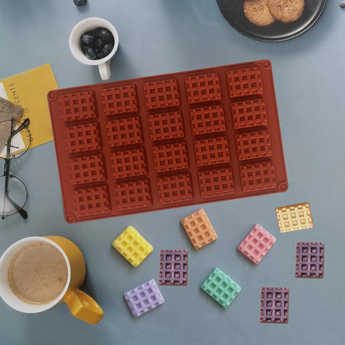Silicone Waffle Mold, 20 Cavities Mini Square Waffle Maker, Non-Stick Tray for Waffle Cookie, Chocolate