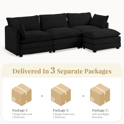 112'' Sectional Modular Cloud Couch, Oversized L Shaped 3 Seat Sofa with Movable Ottomans, 2 Throw Pillows, Upholstered Corduroy L Shape Comfy Deep Couches for Living Room and Office, Black