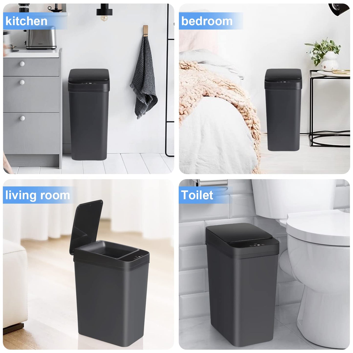 Anborry Bathroom Automatic Trash Can 2 Pack 2.2 Gal & 4 Gal Touchless Motion Sensor Small Garbage Can with Lid Smart Electric Narrow Garbage Bin for Bedroom Office Kitchen (Black)