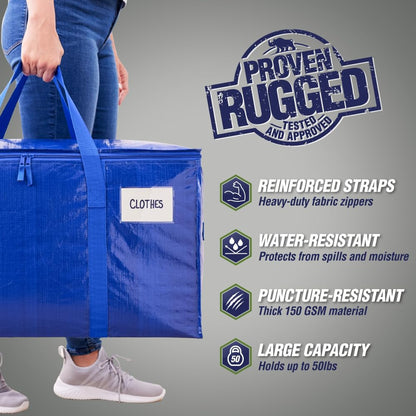 RUGGED RHINO Heavy Duty Extra Large Moving Bags - Durable Zipper & Strong Handles | Space-Saving Storage, Blue/Clear