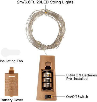 Brightown Wine Bottle Lights - 20 Pack LED Cork Lights | Waterproof Silver Wire Fairy Lights for Parties & Weddings