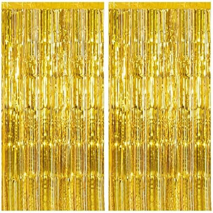 Skiennix Gold Fringe Curtain Backdrop - 2 Pack Tinsel Streamers for Parties & Events | Perfect for Birthdays, Christmas, Halloween, & Graduations