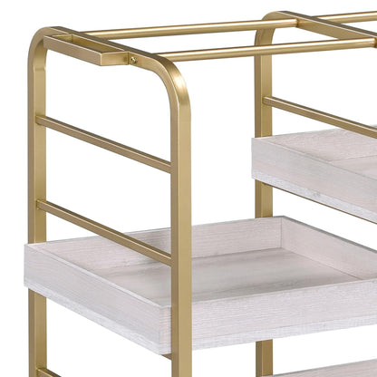 Gold & White Washed Finish Rectangular Serving Cart - 3 Open Compartments for Kitchen and Dining Room Storage