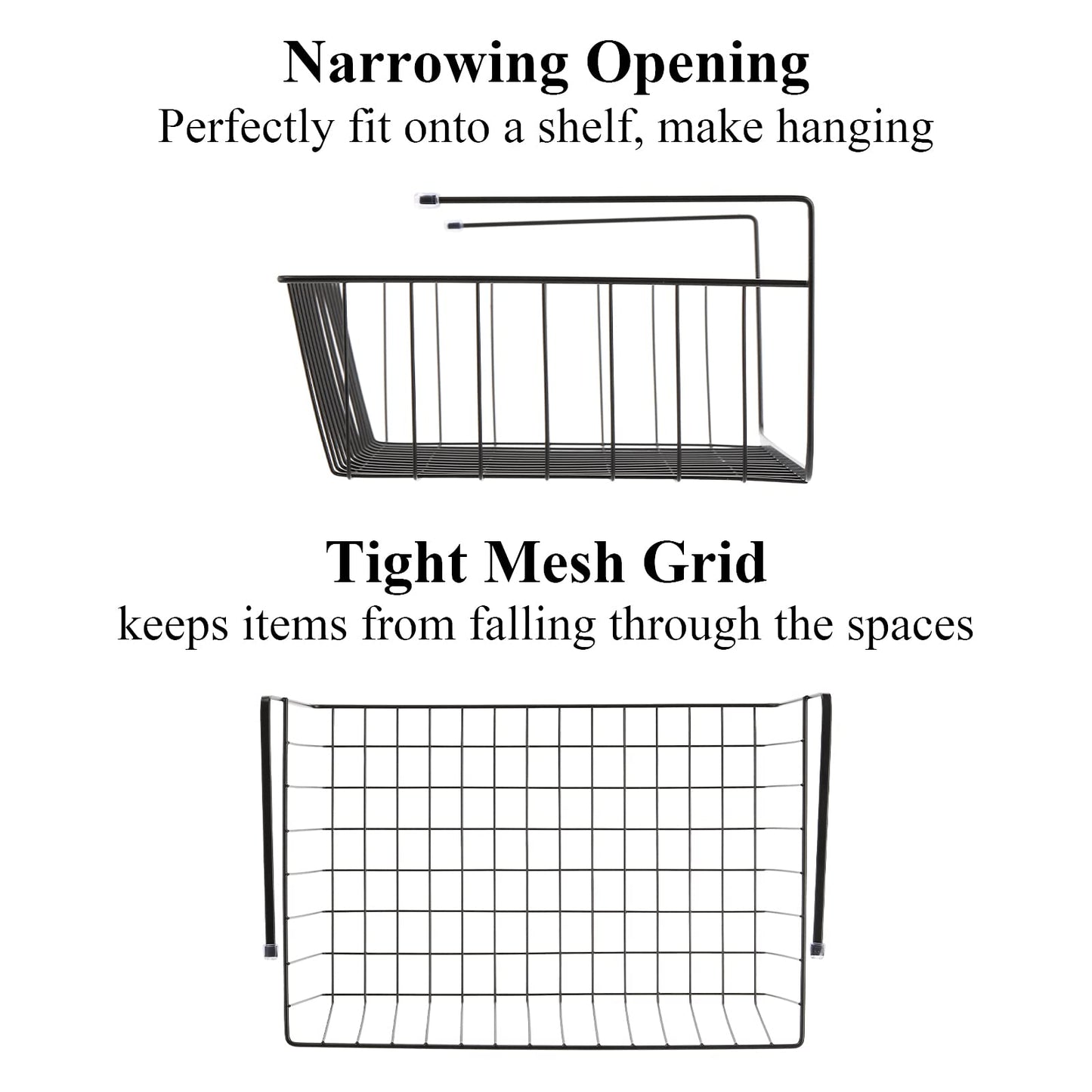 Tebery 4 Pack Black Under Shelf Wire Basket, Hanging Storage Baskets Under Cabinet Add-on Storage Racks, Slide-in Baskets Organizer for Kitchen Pantry Desk Bookshelf