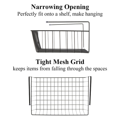 Tebery 4 Pack Black Under Shelf Wire Basket, Hanging Storage Baskets Under Cabinet Add-on Storage Racks, Slide-in Baskets Organizer for Kitchen Pantry Desk Bookshelf