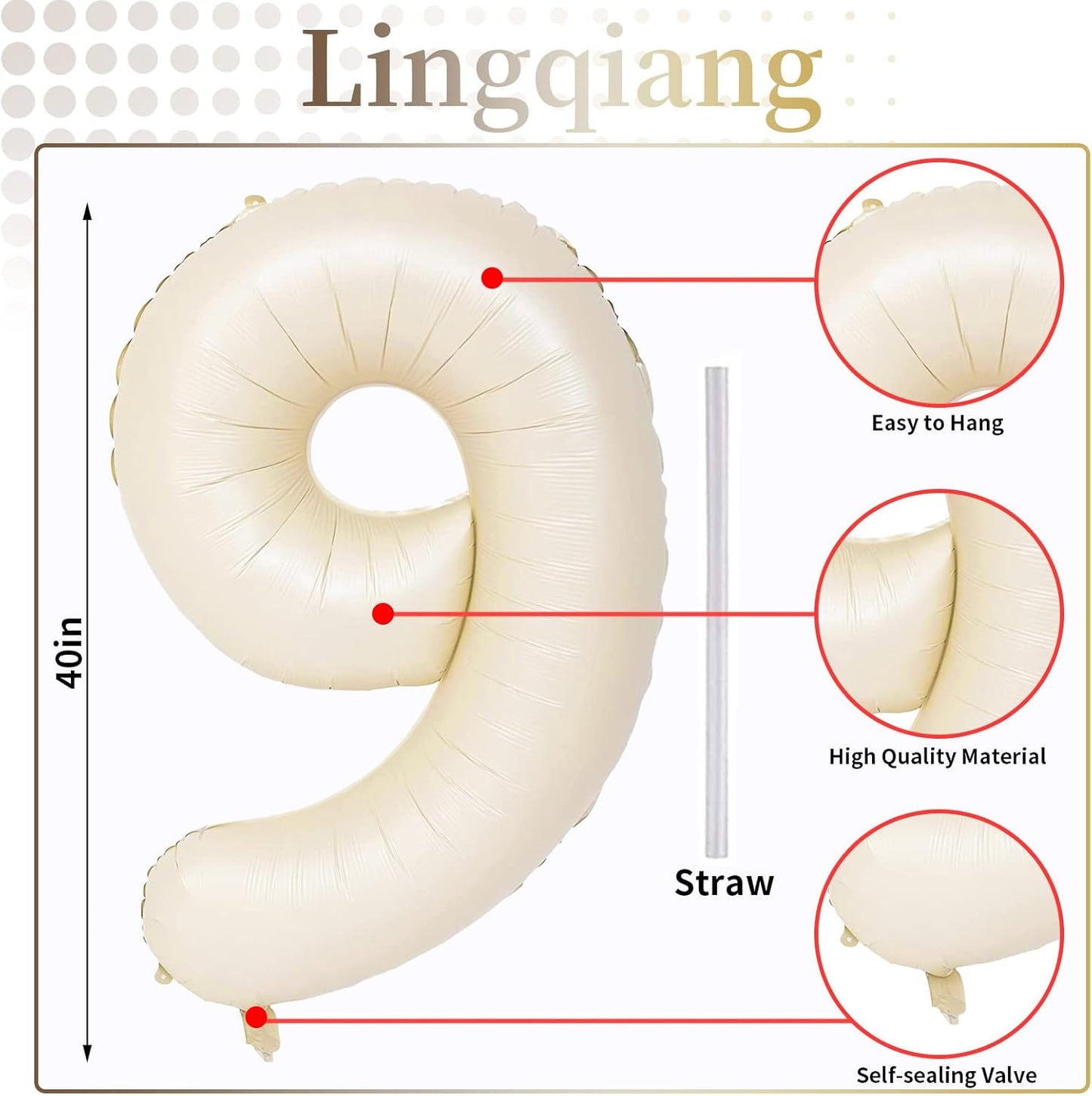 Skiennix 40-Inch Beige Number 9 Balloon | Large Cream Foil Helium Balloon for Birthdays & Anniversaries