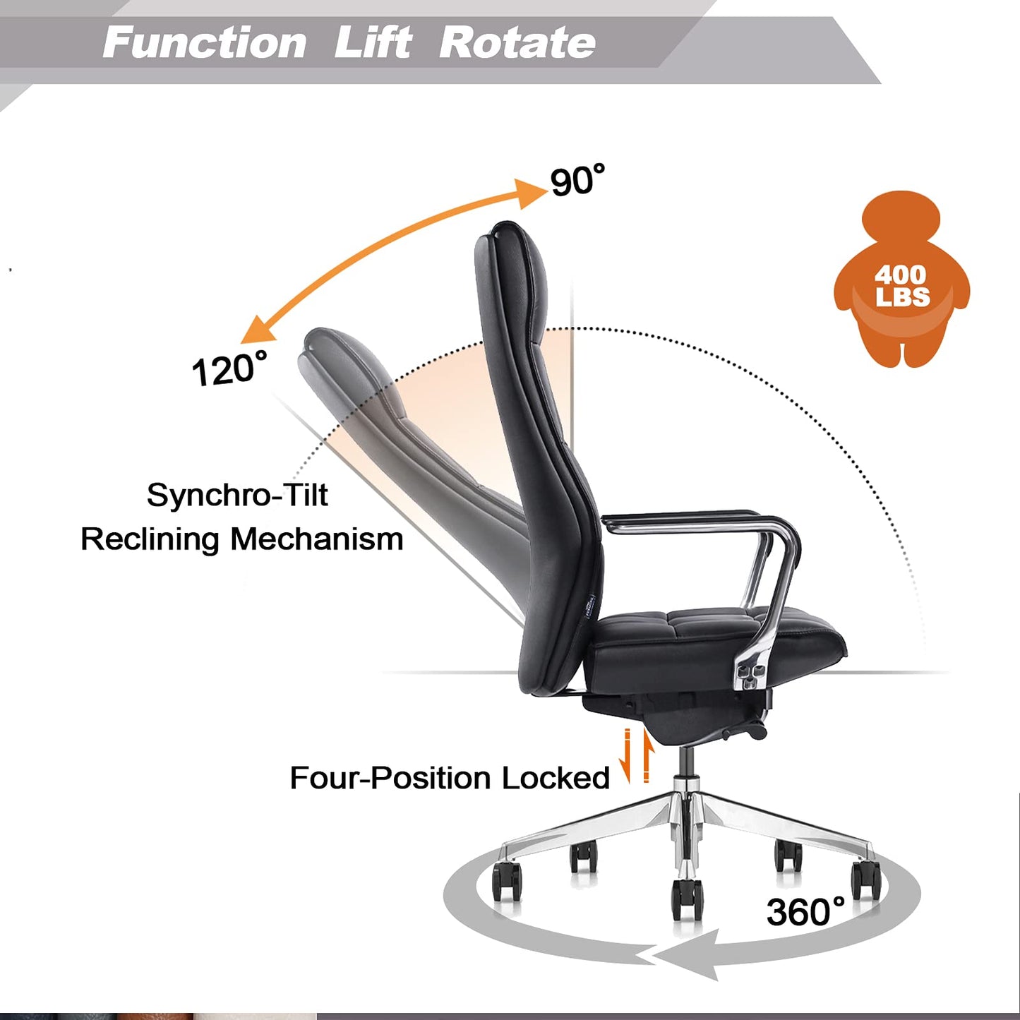 FURIJING Genuine Leather Aluminum Base High Back Executive Chair,Modern Ergonomic Real Leather Office Chair Boss Executive Chair with Synchro-Tilt Mechanism-Black.